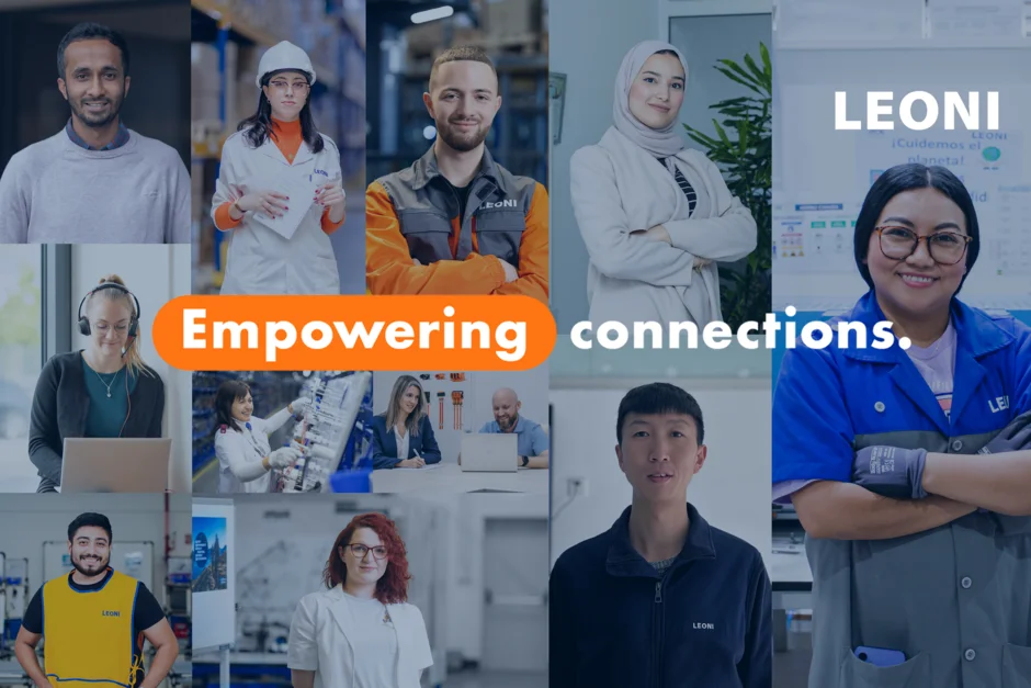 A collage of individual LEONI employees from various countries, age groups, and genders standing in a modern, well-lit facility and looking at the camera. The group includes people in different roles, both technical and administrative, representing the diversity, inclusivity, and global presence of LEONI's workforce.
