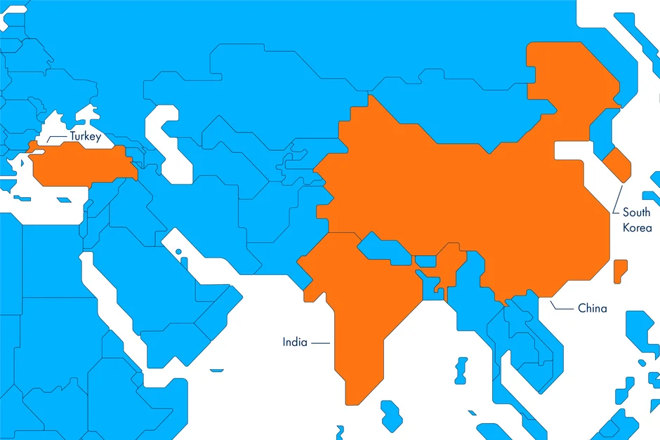 Die Landkarte von LEONI in Asien, die die Präsenz des Unternehmens auf dem Kontinent zeigt.