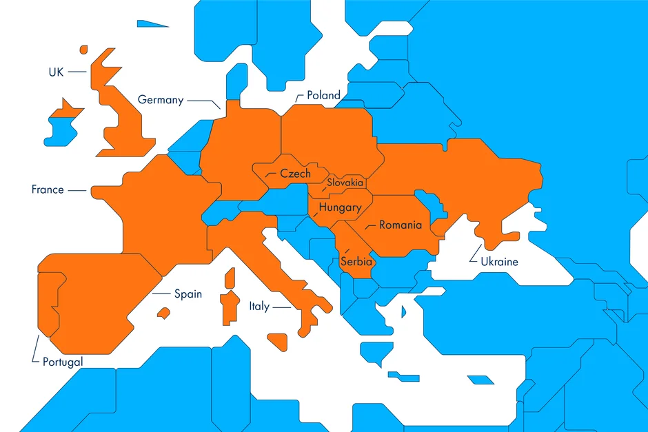 Die Landkarte von LEONI in Europa, die die Präsenz des Unternehmens auf dem Kontinent zeigt.