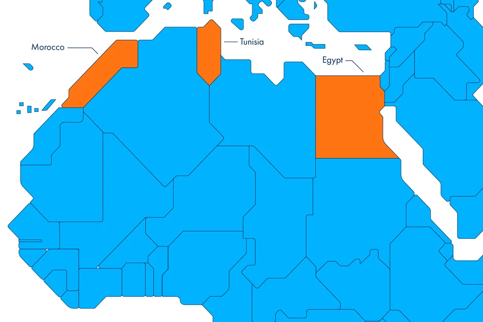 Die Landkarte von LEONI in Afrika, die die Präsenz des Unternehmens auf dem Kontinent zeigt.